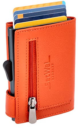 SecWal Kartenetui mit Münzfach Reißverschluss - Made in Germany - Echtleder Geldbörse inkl. E-Book für Damen und Herren - RFID Schutz Portemonnaie Leder - Geldbeutel klein (Orange)