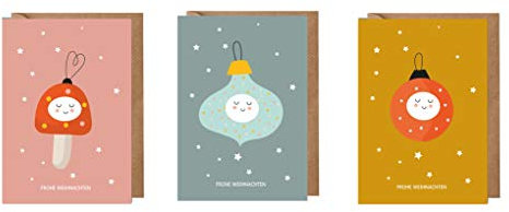 dabelino Set 3 Weihnachtskarten mit Umschlag für Kinder: lustige Christbaumkugeln (Karten Weihnachten, originell, Klappkarten, nachhaltig, natur ohne Plastik-Beschichtung, witzig)