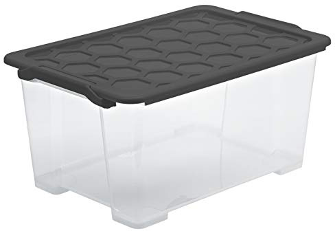 Rotho Evo Safe Aufbewahrungsbox mit Deckel 44 L durchsichtig Anthrazit | Aufbewahrungsboxen, Boxen Aufbewahrung, stapelbar und platzsparend, lebensmittelecht, pflegeleicht, transparent, Anthrazit