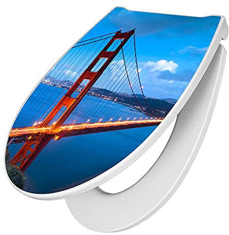 banjado Premium Toilettendeckel mit Absenkautomatik 45x38,4cm / WC Brille Soft Close/hygienischer Toilettendeckel/Klodeckel Duroplast mit Edelstahl Scharnier/Motiv Golden Gate Bridge