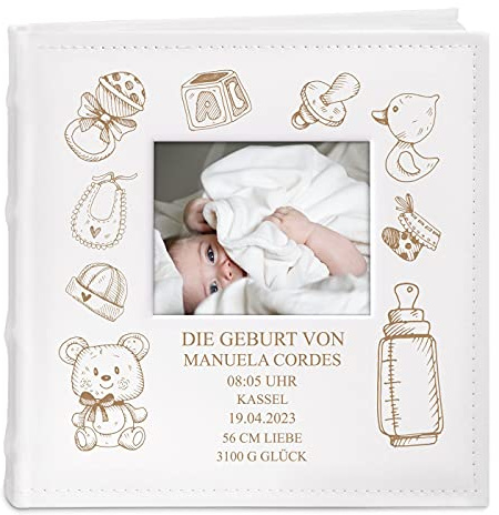 Maverton Einsteckalbum mit Gravur, Fotoalbum für 200 Fotos 10x15cm | 100 Seiten, Weiß, Geschenk für Kind zur Geburt Taufe Kommunion, Geburtstagsgeschenk, Glück