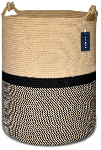 COMSE Cesta de manta extragrande, cesta de almacenamiento tejida alta, cesta de guardería, 40 x 55 cm, cesta de cuerda de algodón para juguetes, ropa, toallas, mezcla marrón/negro