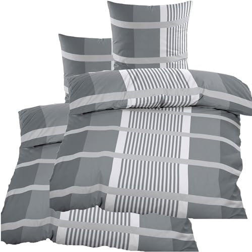 KH-Haushaltshandel 4-TLG. Biber Winter Bettwäsche 2X (135 x 200 + 80x80 cm), grautöne, kariert, 100% Baumwolle (40140)
