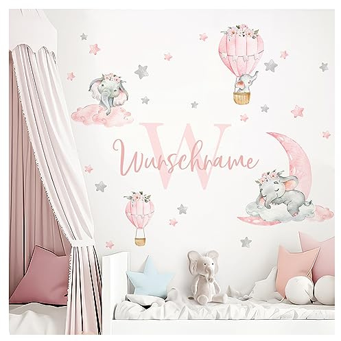 Little Deco Wandtattoo Elefanten & Wunschname I Wandbild 58 x 35 cm (BxH) I Kinderzimmer Babyzimmer Wandaufkleber Mädchenzimmer Ballon Wandsticker Aufkleber DL753