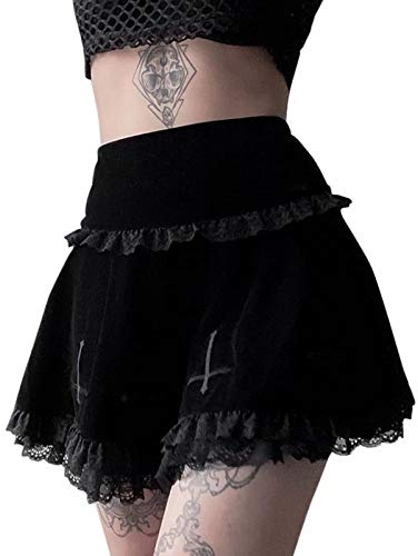 Y2k Encaje Patchwork Mini Falda Harajuku Estética Cintura Alta A Encaje Capas Malla Falda Gótica Corta E Niñas Negro Uniforme Streetwear, Negro, S