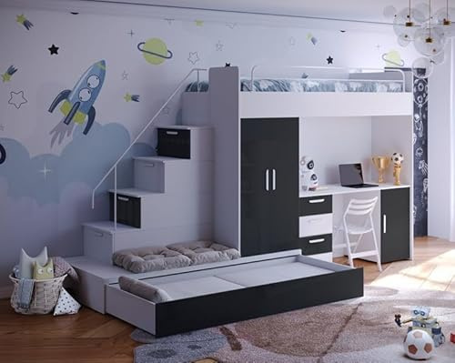 Generisch Hochbett mit Schreibtisch TOMI 5, Schrank, Treppe und Gästebett in Hochglanz (Weiß + Schwarz, Glanz, Mit Matraze und Matrazenrahmen)