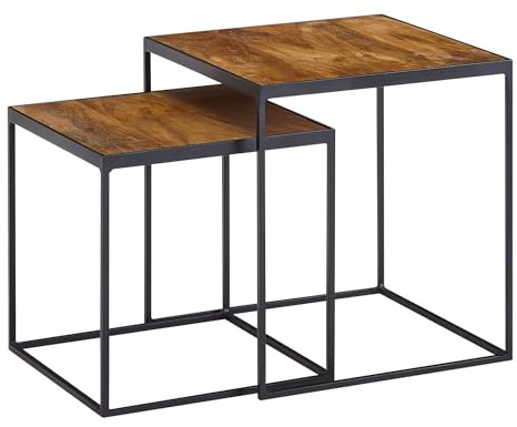 Wohnling Wohnzimmertisch 2er Set Mango Massivholz/Metall Beistelltisch Eckig, Design Beistelltisch Industrial, Sofatisch Couchtisch Quadratisch, Tischset 2-teilig Satztisch