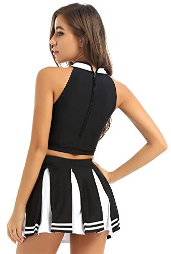 JUGGO Damen Cheerleader Uniform Kostüm, Performance Outfit Japanisches Schulmädchen Cosplay Kostüm Ärmelloses Crop Top Mini Faltenrock (Color : Noir, Size : M)