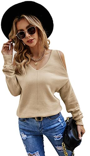 HEYPORK Damen Herbst Winter Warm Bequem Pullover Casual Mode Strickpullover Frauen V-Ausschnitt Trägerlos Gestrickt Crossover Sexiness Persönlichkeit Pullover(Khaki, L)