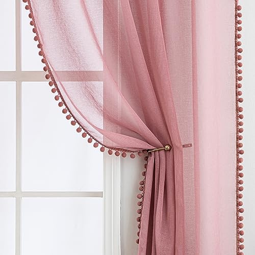 MIULEE Gardinen mit Pompons-Hübsche Altrosa Transparent Gardinen für Kinderzimmer Mädchen, 2 Stücke Vorhang mit Pompons mit Stangendurchzug Durchsichtig Vorhang mit Bommeln, Jeder H 145 X B 140cm