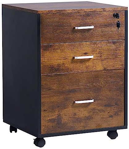 SogesHome Caisson Mobile de Bureau avec 3 Tiroirs Armoire à Dossiers sur roulettes, Caisson de Rangement Verrouillable Meuble de Bureau Design Industriel, 48 x 42 x 65 cm