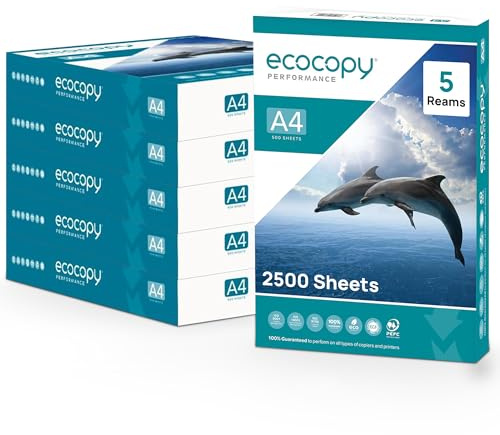 ECOCOPY A4 Printer Paper | White Printing Sheet | 2500 Sheets (5 Reams of 500) - Multipurpose A4 Paper for Laser & Inkjet Printers | Jam-Free Copier Sheets for Office, School & Home Use