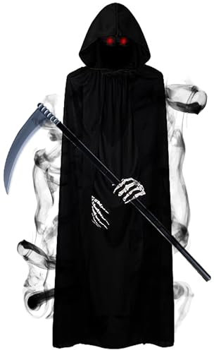 Fancy Daily Adult Grim Reaper Halloween Costume - Black Hooded Cloak with Scythe, Skull Gloves Men's Reaper Outfit for Halloween Cosplay