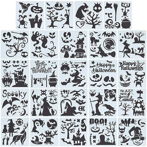 GORGECRAFT 15cm 24 Stile Hexen-Schablonen Wiederverwendbar Malerei Halloween-Schablone Kunststoff-Zeichenvorlagen DIY Dekorative Kürbisse Geister Fledermäuse Schwarze Katze Vorlage Basteln
