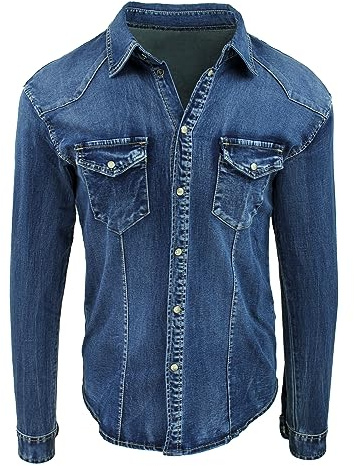 Evoga Camicia di Jeans Uomo Denim Casual con Collo alla Coreana Slim Fit (L, #C1 Blu Denim Elasticizzata)