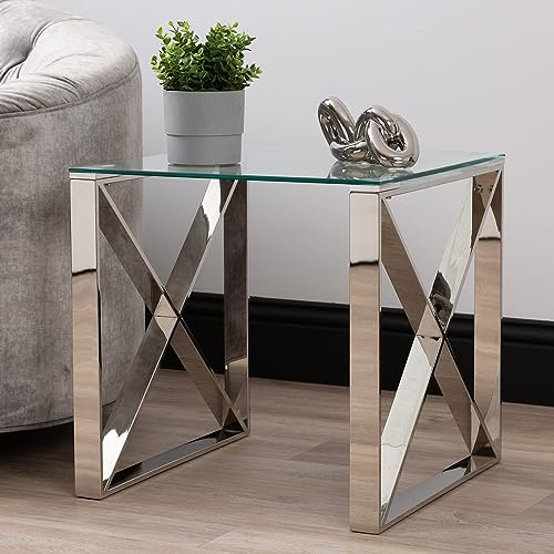 Accent Sofa Side Table for Living Room Furniture, 55cm End Table with Tempered Glass Tabletop and Modern Sturdy Stainless Steel Frame