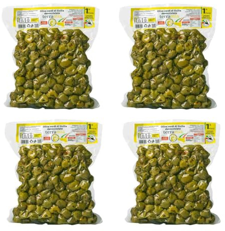 Terramia Olive Verdi Denocciolate Condite con Aromi Secchi e Olio EVO – Prodotto Artigianale da Azienda Premiata Ercole Olivario e Monna Oliva, Formato Scorta 2kg (4 Buste x 500g)