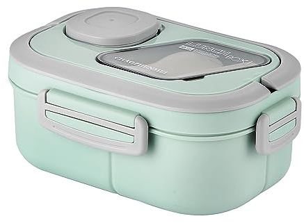 SDFNBRA 1200ml Bento Lunch Box, Double Layer, 6 Compartments, Green | Double-layer 1200ml design with 6 compartments, cutlery storage, sauce dish and 4 locking clips for work and travel