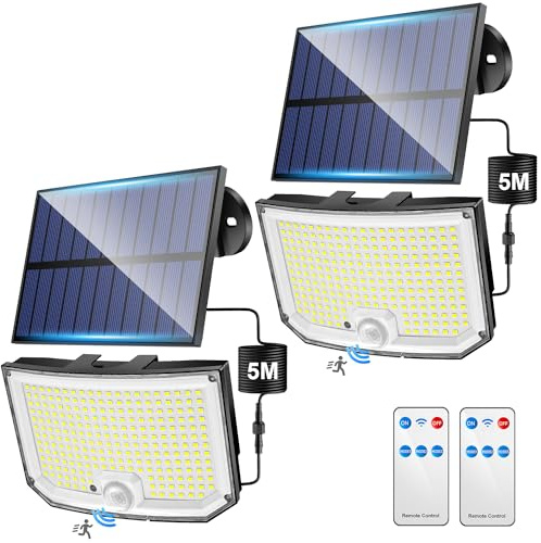 PIKOY Lampe Solaire Exterieur,【2 Paquet 238LED】 Lampe Solaire Exterieur Detecteur de Mouvement, 3 Modes & Télécommande Lumiere, IP65 Spot Solaire Exterieur Projecteur Solaire Exterieur