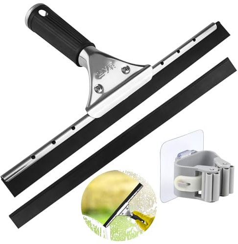 Pulitore per finestre professionale, 30 cm, in acciaio inox, nero con impugnatura in gomma morbida, per vetro, piastrelle, pulizia delle finestre, con strisce adesive e ganci di ricambio