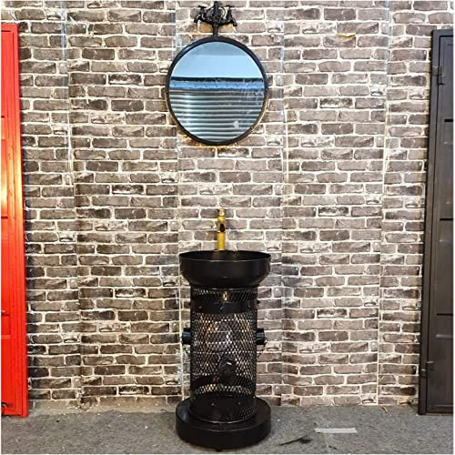 WLCNYL Mobile lavabo da appoggio, mobiletto da bagno in ferro battuto in stile industriale con rubinetto e scarico, cilindrico, nero, con specchio