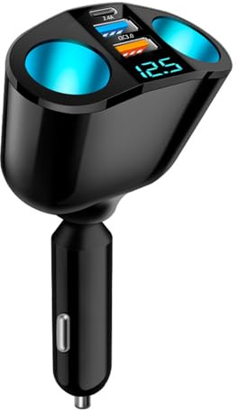 5 in 1 Auto Ladegerät USB C Auto Zigarettenanzünder Adapter mit Voltmeter LED Dual USB Port QC3.0+ PD für Android, iOS, Tablet, GPS, Dashcam