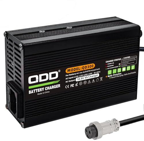 QDD Chargeur 58,8V 4A Chargeur de Batterie Li-ION 52V en Aluminium Noir Boîtier avec Sortie de Ventilateur de Refroidissement Connecteur GX16-3 Broches utilisé pour Batterie au Lithium 14S 52V