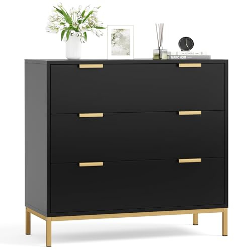 Yvsevnr Black Chest of Drawers Bedroom Wooden 3 Drawers Dresser with Spacious Storage Clothes Drawers with Sturdy Handles & Legs for Bedroom, Kids Room, Living Room, Closet 80 x 40 x 75 cm
