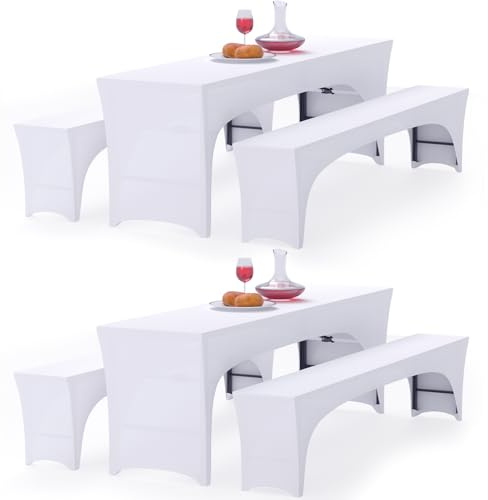Alishomtll Zwei 3er-Set Elastisch Biertischhussen, Stretch Bierzeltgarnitur für 70cm Tischbreite, Bierbankhussen Bankgarnitur für Biertisch und Bierbank Bankett Gartenmöbel-Bezüge, 220x70cm Weiß