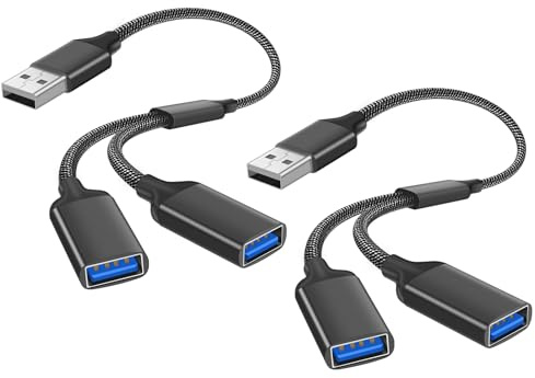 AXFEE 2 Stück USB Splitter Kabel, USB Splitter 1 zu 2 USB 2.0 Verlängerung | Data Split Adapter, USB Port Extender Hub, für Strom und Daten 480Mbps, Kompatibel mit Laptop Mac Auto PS4, PS5, TV(Schwarz)