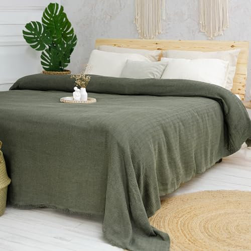 Milam London Bed Throw King Size | Cotton Throws for Sofas Large | Bedspreads King Size Blankets for Beds | 220 x 240cm | 86”x94” - Olive Green