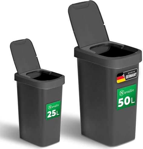 Novaliv Mülleimer-Set 25L + 50L, Abfalleimer mit 2in1 Deckel, Klappdeckel & Schwingdeckel, Anti-Geruch Mülleimer für Küche Haushalt Büro, Müll Eimer Abfall Trash Kunststoff Abfallbehälter