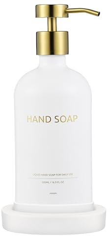 Janxin 2 st påfyllningsbar flytande handburkdispenser för badrum, tvåldispenser i glas med pump, 500 ml, med keramisk bricka, lämplig för duschgel, schampo (vit flaska guldhuvud (handtvål))