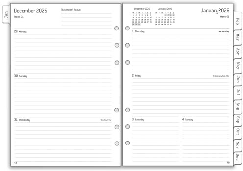 2026 Wochenplaner Einlage A5 6 Löcher, 1 Woche 2 Seiten mit Tabs, Passwort, Notizen, Kontakt, von Jan.26-Dez.26, 100 GSM, Nachfüllung für Kalender 2025 2026 Planer Organizer