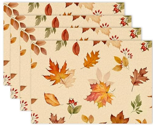 Herbst Tischsets 4er Set, Waschbare Platzsets mit Kürbis und Ahornblättern, Tischsets Platzsets Abwaschbar, Platzdeckchen für Küche Esstisch Deko, Tischunterlage Esstisch, Erntedankfest 30x45cm