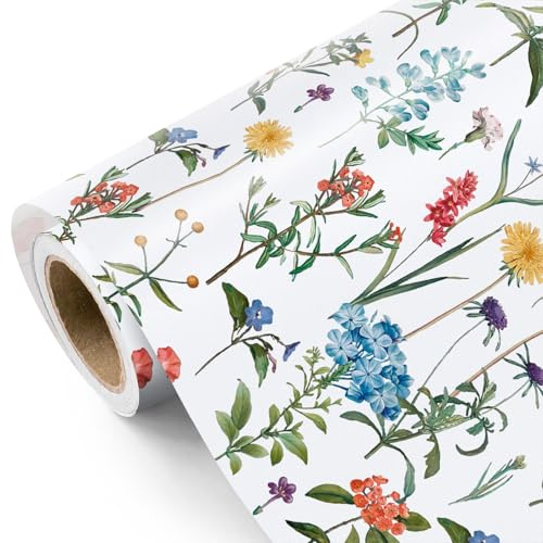 RUSPEPA Blumen-Geschenkpapierrolle – Mini-Rolle – 43,2cm x 5m – Wildblumen-Geschenkpapier, Perfekt Für Mädchen Und Frauen, Geburtstag, Hochzeit, Brautparty