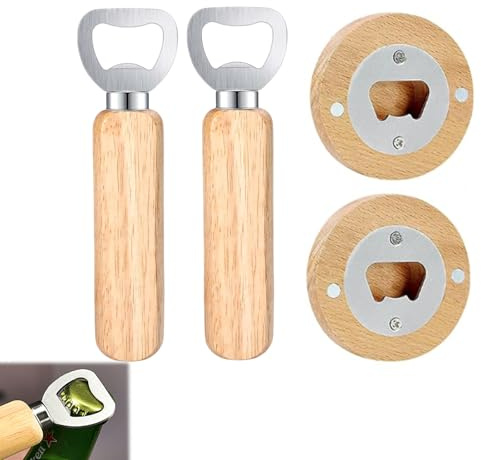 4 Stück Flaschenöffner Holz, Flaschenöffner, Runder Naturholz Bieröffner Verdickt und Bruchsicher, Tragbare Flaschenöffner Rohling für Startseite, Pub, Outdoor, Männer