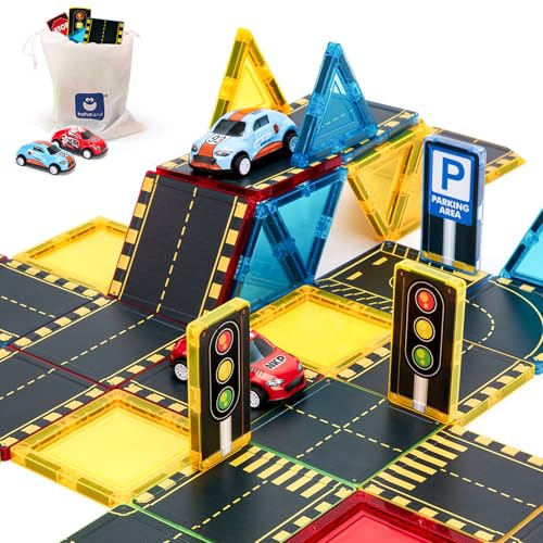 hahaland Bloques Magnéticos Construcción Niños, 38 Piezas Magnetic Tiles con Carreteras de Ciudad y 2 Coches Pull Back, Piezas Magnéticas Compatibles para Niños 3 4 5 6 Años