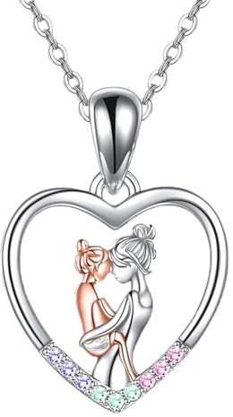 sawyofu Mum Mother Daughter Necklace Gifts Sterling Silver Plated Cubic Zirconia Heart Pendant Necklace For Women Girls Mummy Mothers Day Birthday Jewellery Gifts