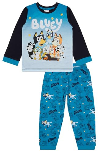 Bluey Pigiama per bambini, a maniche lunghe, set con maglietta con stampa di personaggi e pantaloni con stampa su tutta la superficie, biancheria da notte in cotone, età 2-8 anni, Blu, 7-8 Years