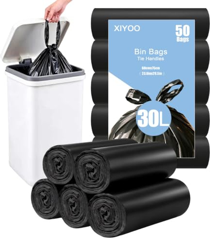 XIYOO Black Bin Liners 30L Bin Bags with Tie Handle 50 Counts Strong Tall Rubbish Bag Pedal Swing Waste Bags Heavy Duty Garbage Bags fit 25-35L Medium Trash Can