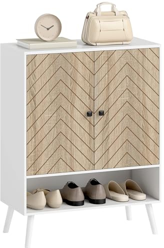 HOMCOM Zapatero de 2 Puertas con Diseño en Espiga, Zapatero Entrada Recibidor con Estantes Ajustables, Compartimento Abierto, para 15 Pares de Zapatos, 75x35x97 cm, Blanco y Natural