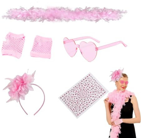 CZAYEFNH Pinkes Federboa Set für Damen – 2m Feder-Schal, Herzform Sonnenbrille, Feder-Haarband, Handschuhe & Diamanten Aufkleber – Perfekt für Partys und Fotoshootings