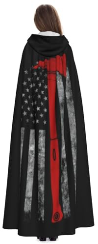 Yyoretp Capa larga con capucha para adultos, hacha de bombero con estampado de bandera de línea roja, para cosplay, Halloween, carnaval, disfraces de bruja.