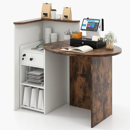 GIANTEX Mostrador de Recepción, Mesa de Recepción con Cajón y Compartimentos Abiertos, Escritorio Ovalado y Mostrador en Forma de L, 120x70x100cm, para Oficina, Vestíbulo, Clínica (Blanco+Marrón)