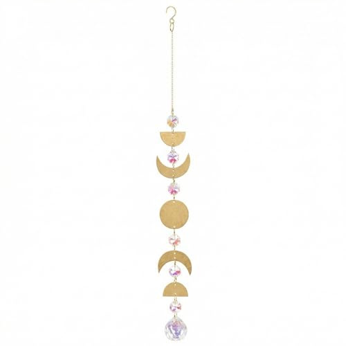 BAUCH Colgante de Pared Fases Lunares, 1 Ud, Elementos de Madera & Metal Dorado, 49cm – Diseño Boho para Salón, Dormitorio & Oficina, Ideal como Regalo