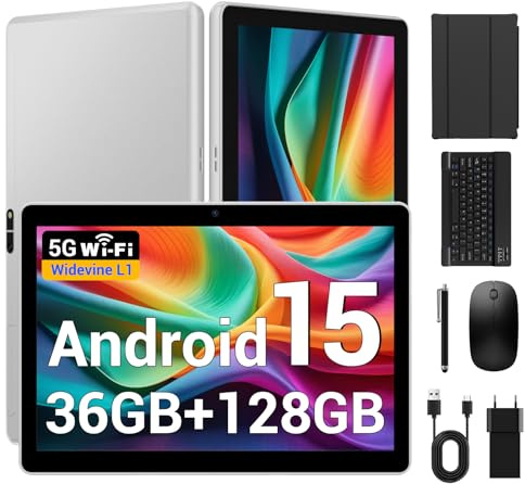 BEYNIVAN Tableta 10 Pulgadas Android 15 Tablet 5G WiFi,36GB RAM+128GB ROM/8000 mAh/BT 5.0/TÜV/USB-C,Tablet con Teclado+ Ratón + Funda,Gris