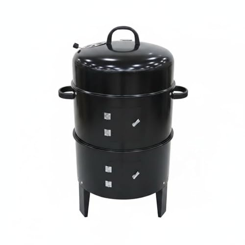 Milageto Parrilla para Barbacoa 3 en 1 Redonda con Horno de Leña Ahumador Regulador de Ventilación y en la Tapa Estructura Apilable Desmontable Adecuada para Jardín Camping Reuniones Familiares