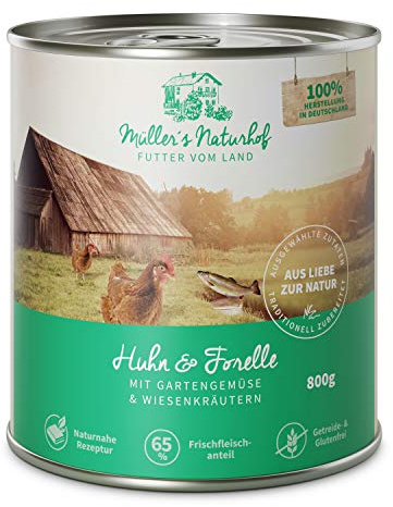 MÜLLER'S NATURHOF – Huhn | Nassfutter mit natürlichen Zutaten und wertvollen Superfoods für ausgewachsene Hunde. Getreidefreies Alleinfutter ohne Zusatzstoffe in der Dose | 6x800g Huhn