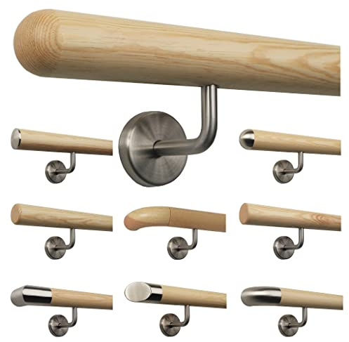 TIBU Kiefer Handlauf Treppen Geländer Handläufer 30-500 cm aus einem Stück mit Edelstahl Halter, Länge 140 cm mit 3 Halter und Ende Halbkugel gefräst